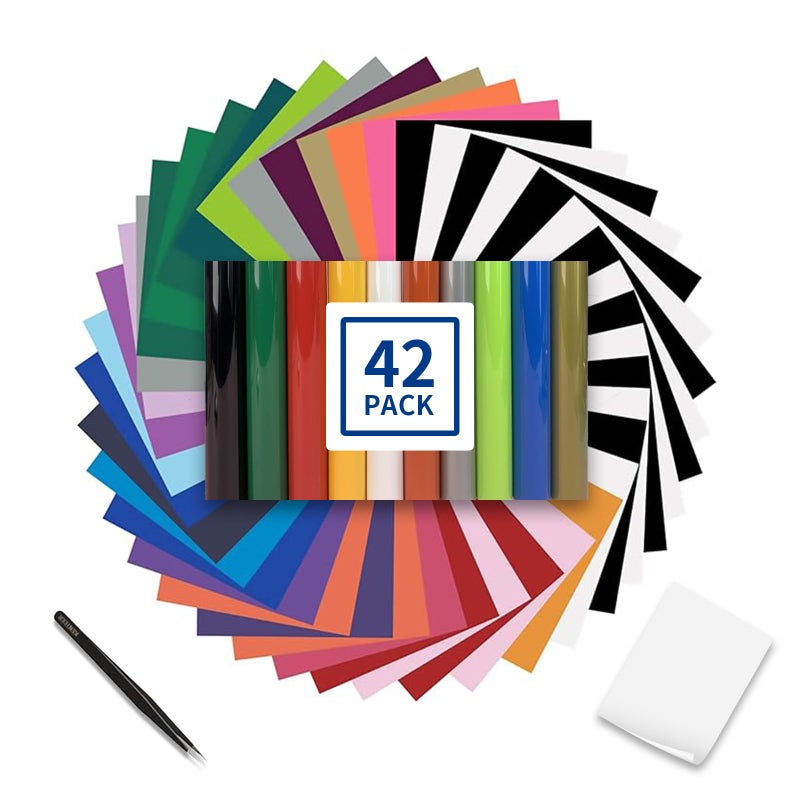 Kenteer Heat Transfer Vinyl Bundle- 42 Pack 12"x10" Iron On Vinyl Sheets for Cricut/Silhouette with 13 Vibrant Colors/Premium Glossy Finish/Easy Weed & Cut - Image 1